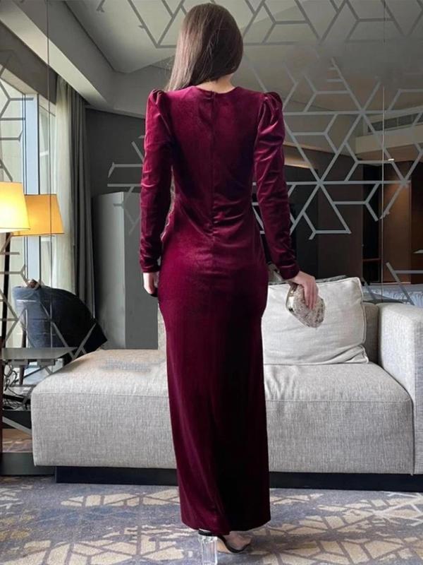 Women's Rhinestone Decor Ruched Split Thigh Dress, Elegant Long Sleeve  Evening Party Gown, Women's Clothing for Fall & Winter